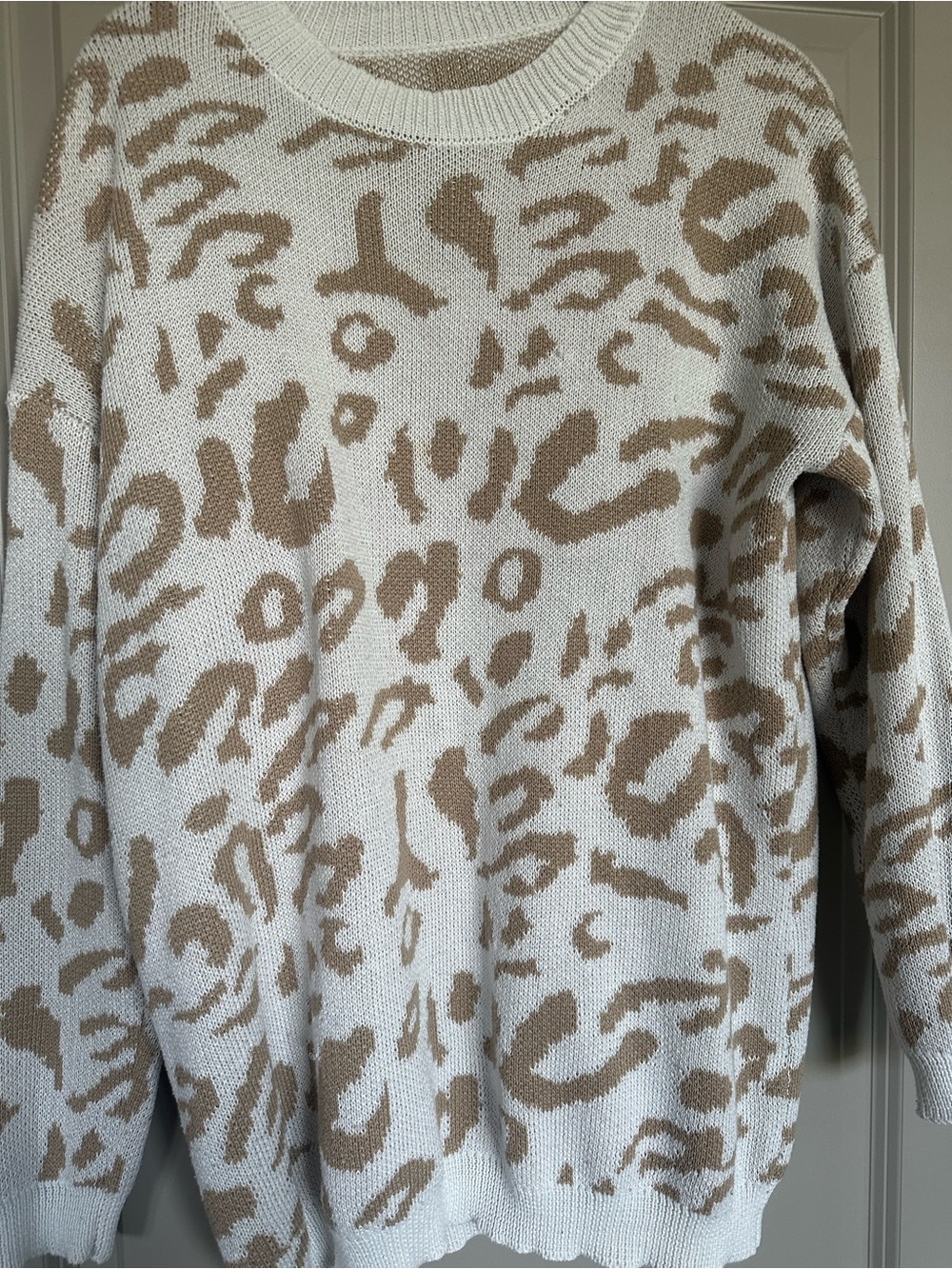 Amazon Cream and Beige Animal Print Crewneck Sweater